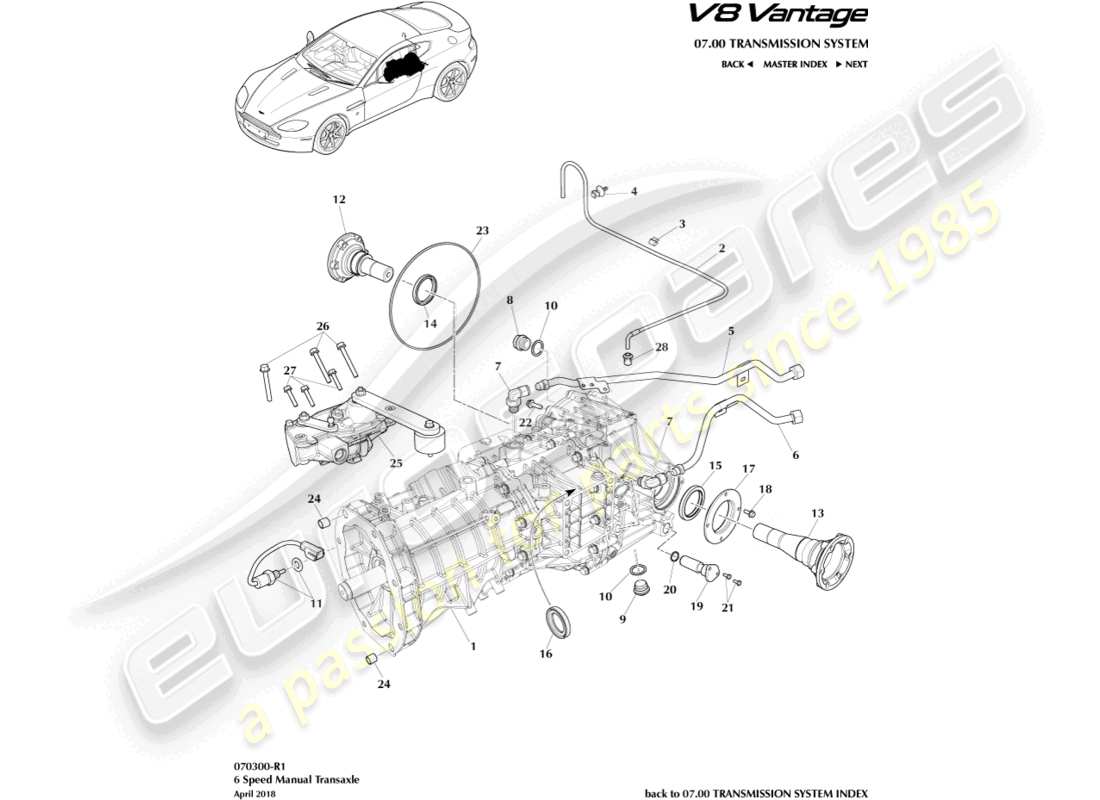 aston martin v8 vantage (2012) boîte-pont, manuelle, diagramme de pièces à 6 vitesses