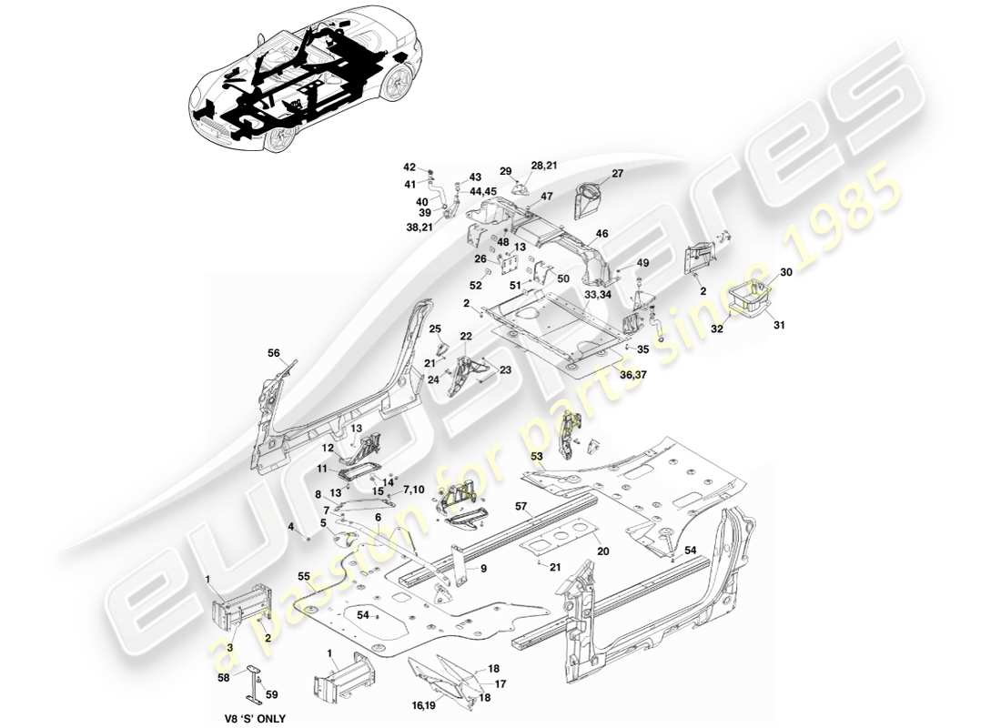 aston martin v8 vantage (2007) composants de carrosserie, diagramme des pièces du roadster