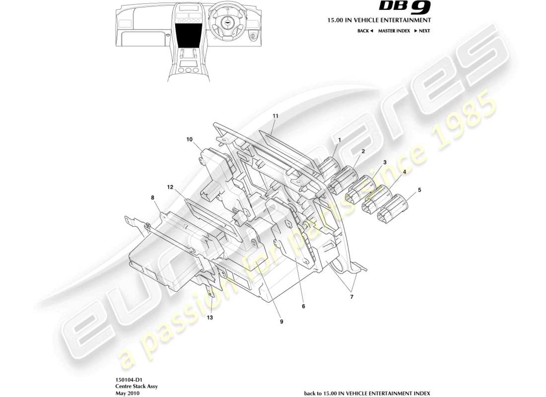 aston martin db9 (2008) diagramme des pièces de la pile centrale