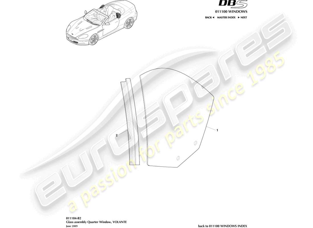 aston martin dbs (2010) vitre de custode arrière, diagramme de pièce volante
