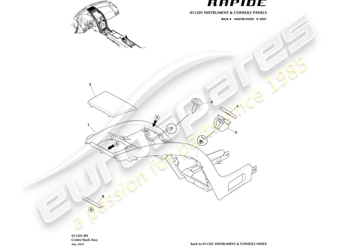 aston martin rapide (2011) diagramme des pièces de moulage de la console centrale