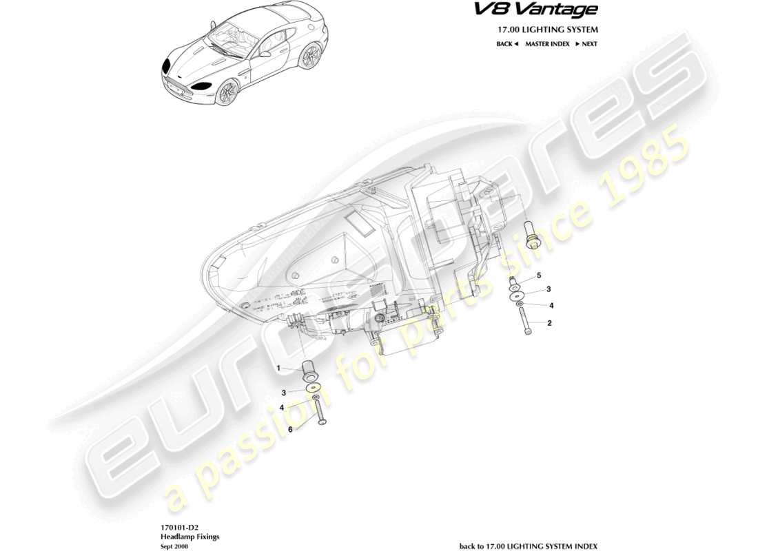 aston martin v8 vantage (2013) schéma des pièces de fixation des phares