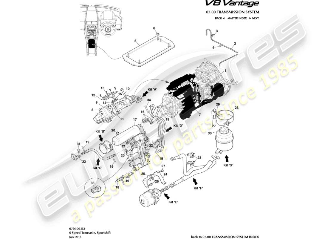 aston martin v8 vantage (2013) sportshift, schéma de pièces à 6 vitesses
