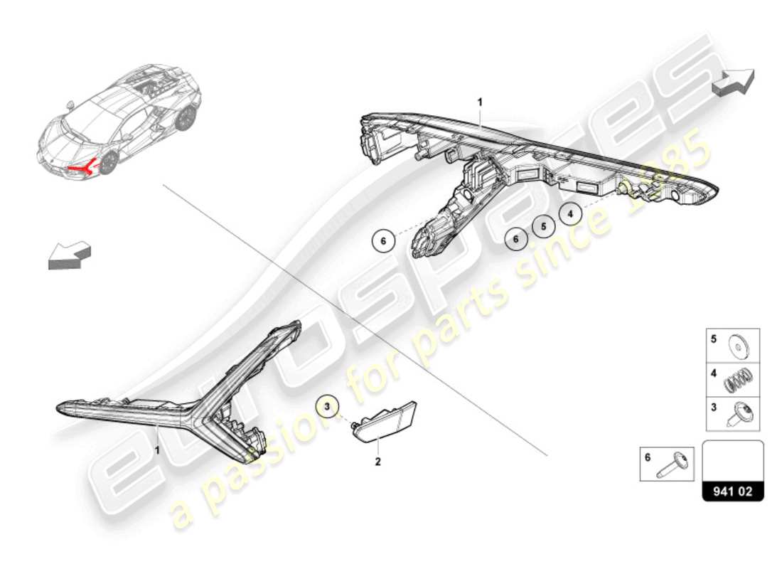 lamborghini revuelto coupe (2024) phare avant à led schéma des pièces