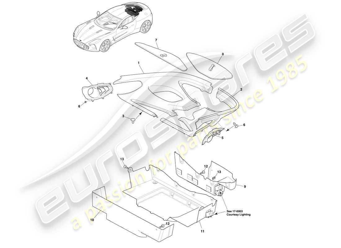 aston martin one-77 (2011) diagramme des pièces de garniture du compartiment de chargement