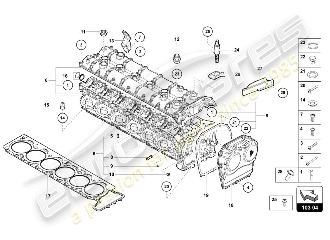 lamborghini lp770-4 svj roadster (2022) culasse avec goujons et douilles de centrage vue éclatée