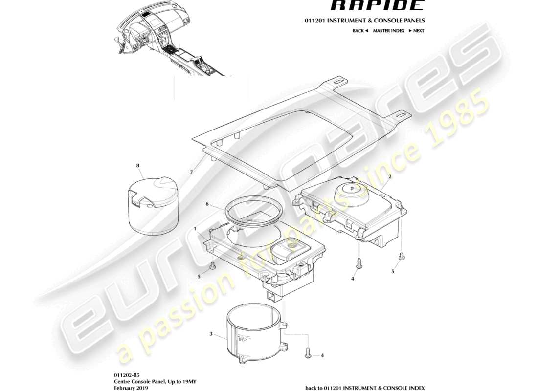 aston martin rapide (2012) diagramme des pièces du panneau de la console centrale