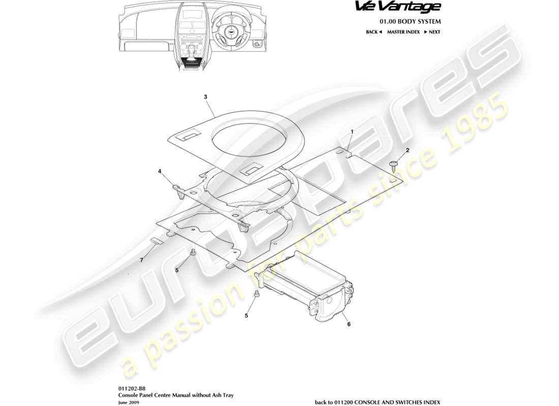 aston martin v12 vantage (2010) console avant, sans cendrier, diagramme de pièce