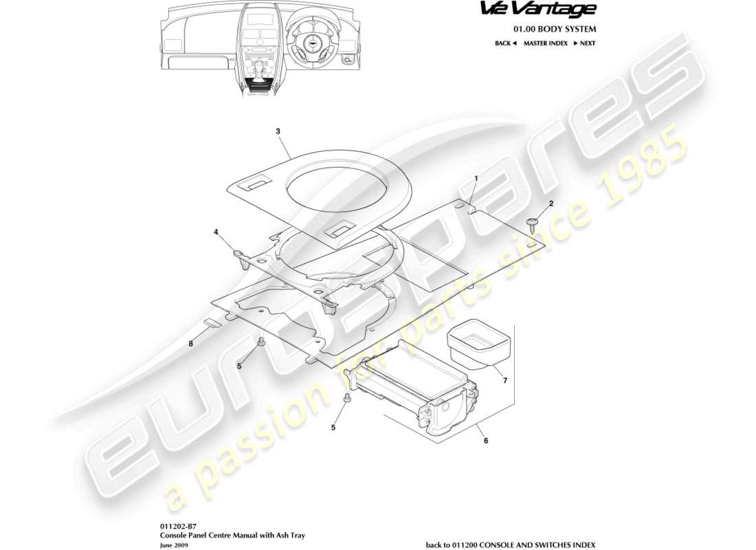 aston martin v12 vantage (2010) console avant, avec diagramme de pièces du cendrier