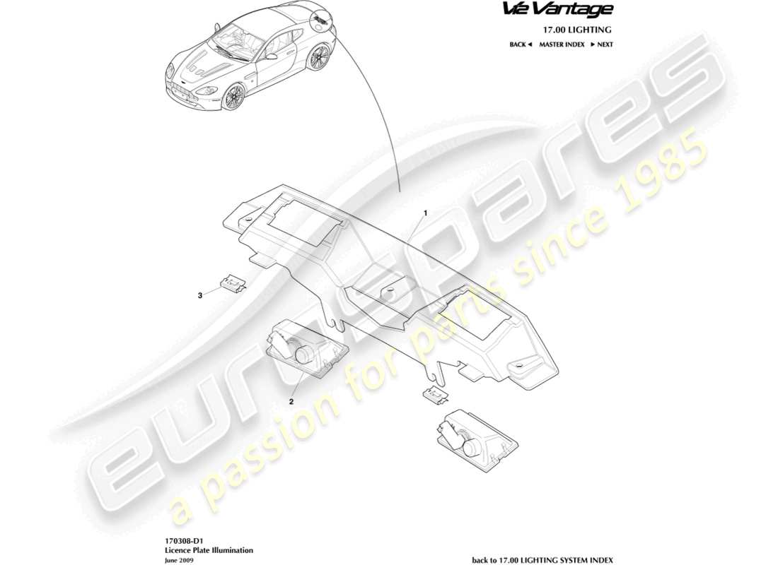 aston martin v12 vantage (2010) schéma des pièces des lampes de plaque d'immatriculation