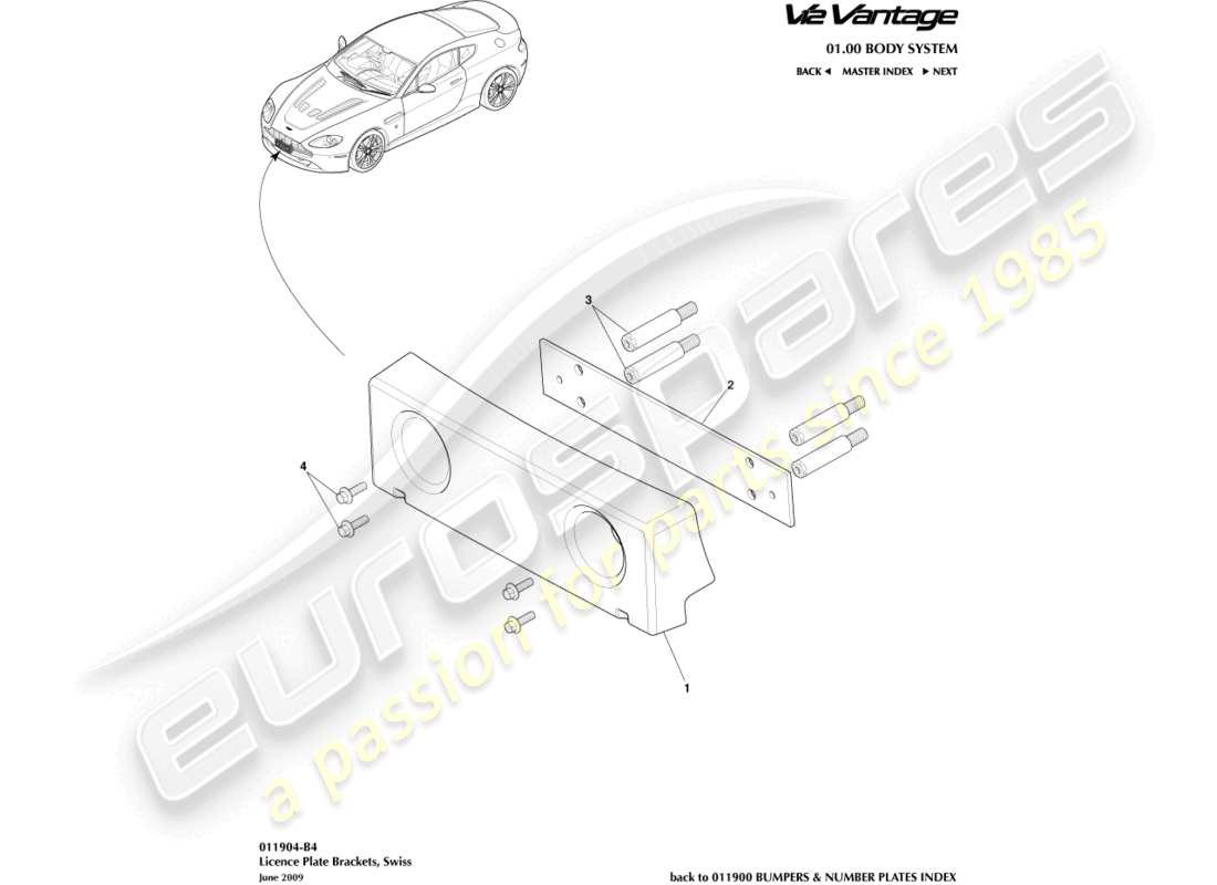 aston martin v12 vantage (2013) supports de plaque d'immatriculation, schéma de pièce suisse