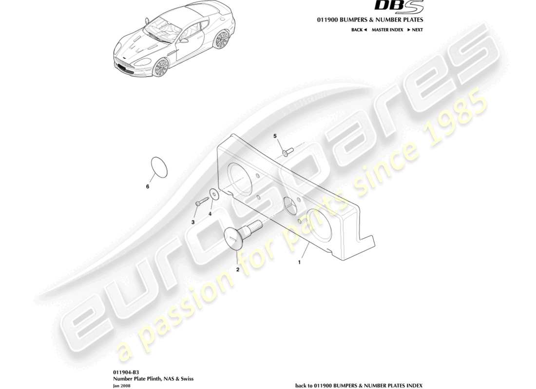 aston martin dbs (2007) supports de plaque d'immatriculation, nas schéma des pièces