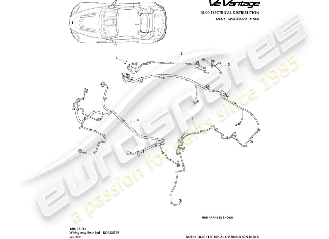 aston martin v12 vantage (2010) faisceau arrière, diagramme de pièce du roadster