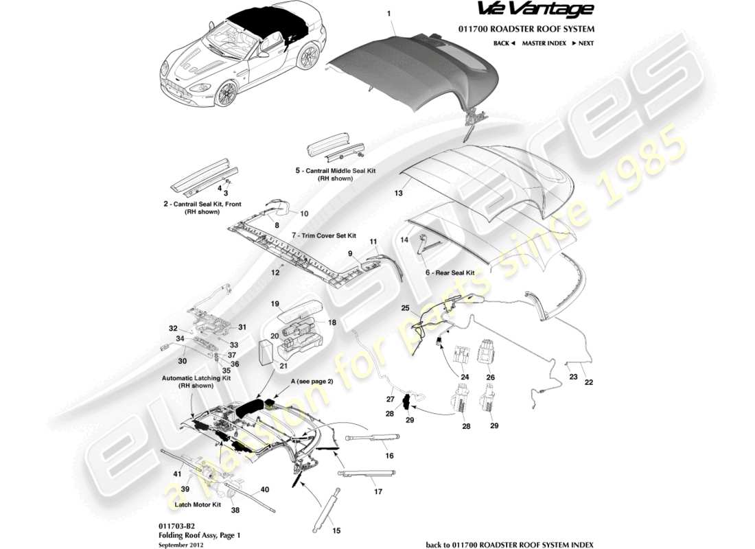 aston martin v12 vantage (2010) toit du roadster, page 1 schéma des pièces