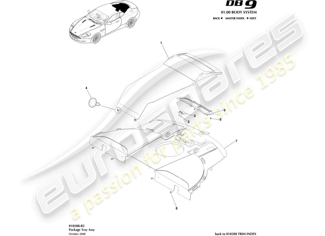 aston martin db9 (2008) schéma des pièces d'assemblage du plateau d'emballage