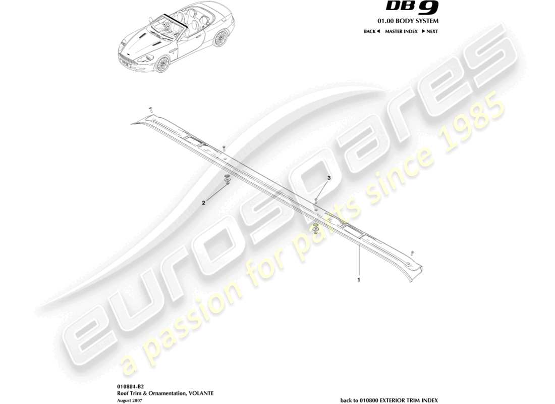 aston martin db9 (2008) garniture de toit, diagramme de pièce volante