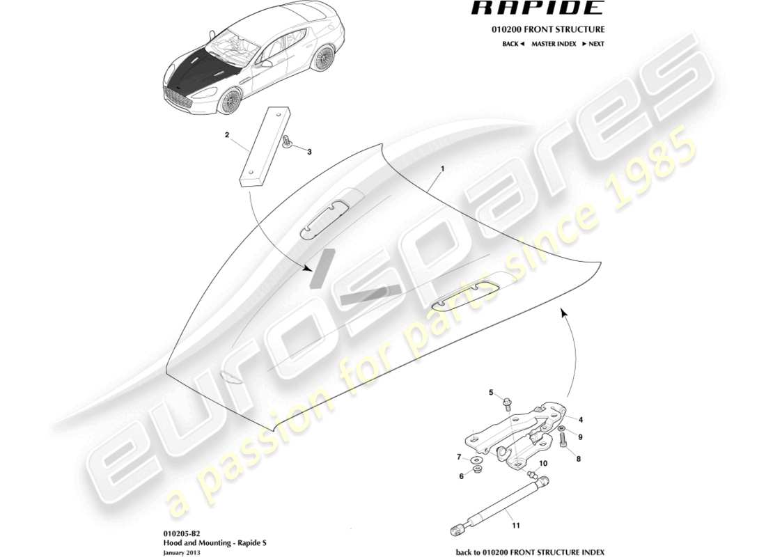 aston martin rapide (2014) capot et charnières, diagramme des pièces s