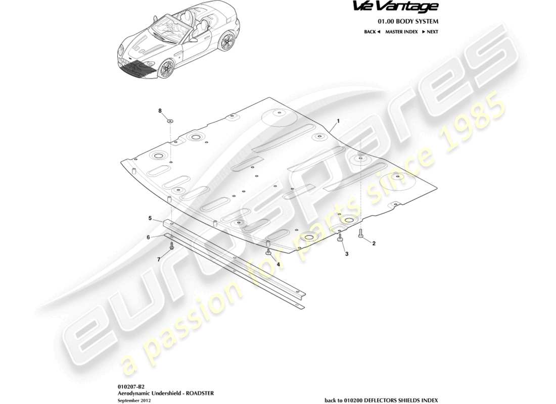 aston martin v12 vantage (2013) sous-bouclier avant, diagramme de pièce du roadster