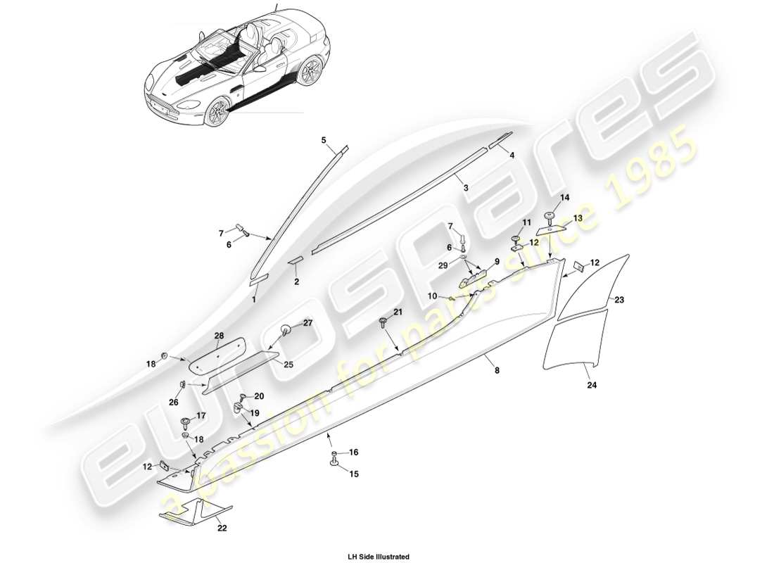 aston martin v8 vantage (2005) garniture latérale et de custode, diagramme des pièces du roadster