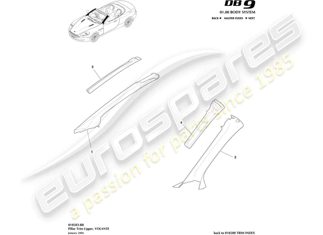 aston martin db9 (2007) garniture de pilier, supérieure, volante schéma des pièces