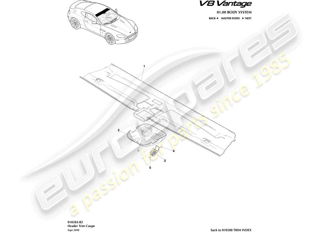 aston martin v8 vantage (2008) garniture de collecteur, diagramme de pièce du coupé
