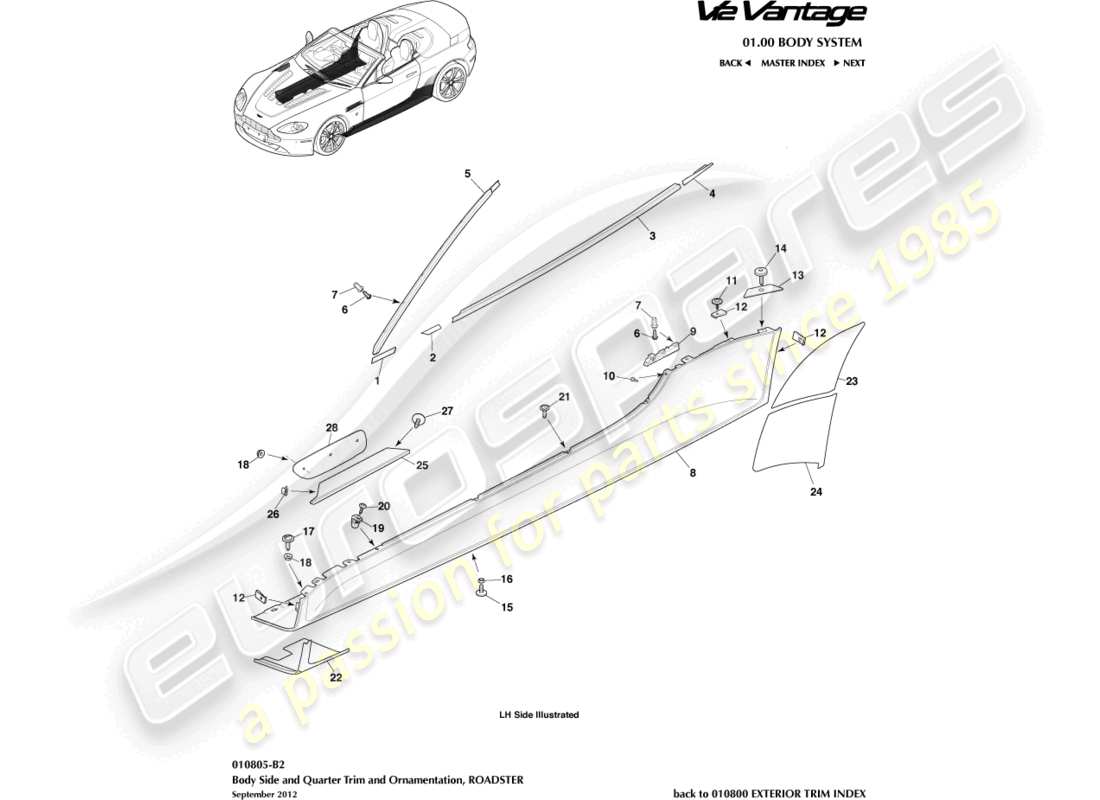 aston martin v12 vantage (2010) garniture latérale et de custode, diagramme des pièces du roadster