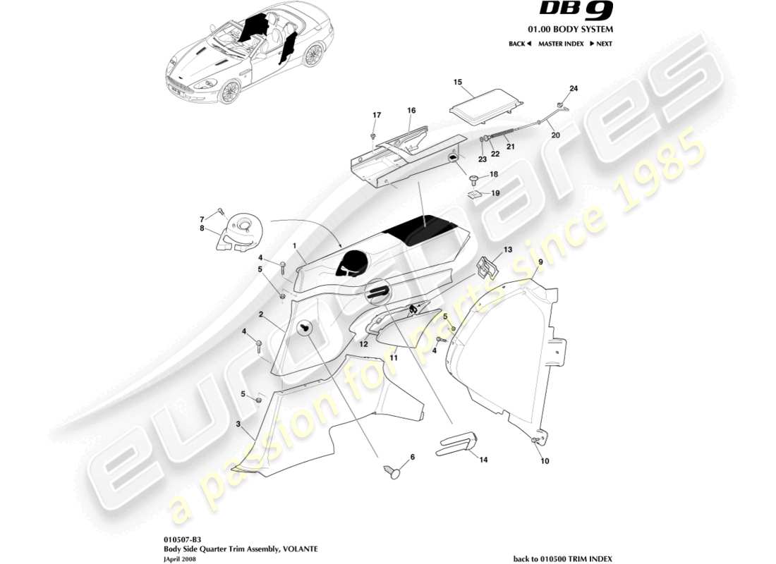 aston martin db9 (2007) garniture de custode latérale de carrosserie, diagramme de pièce volante