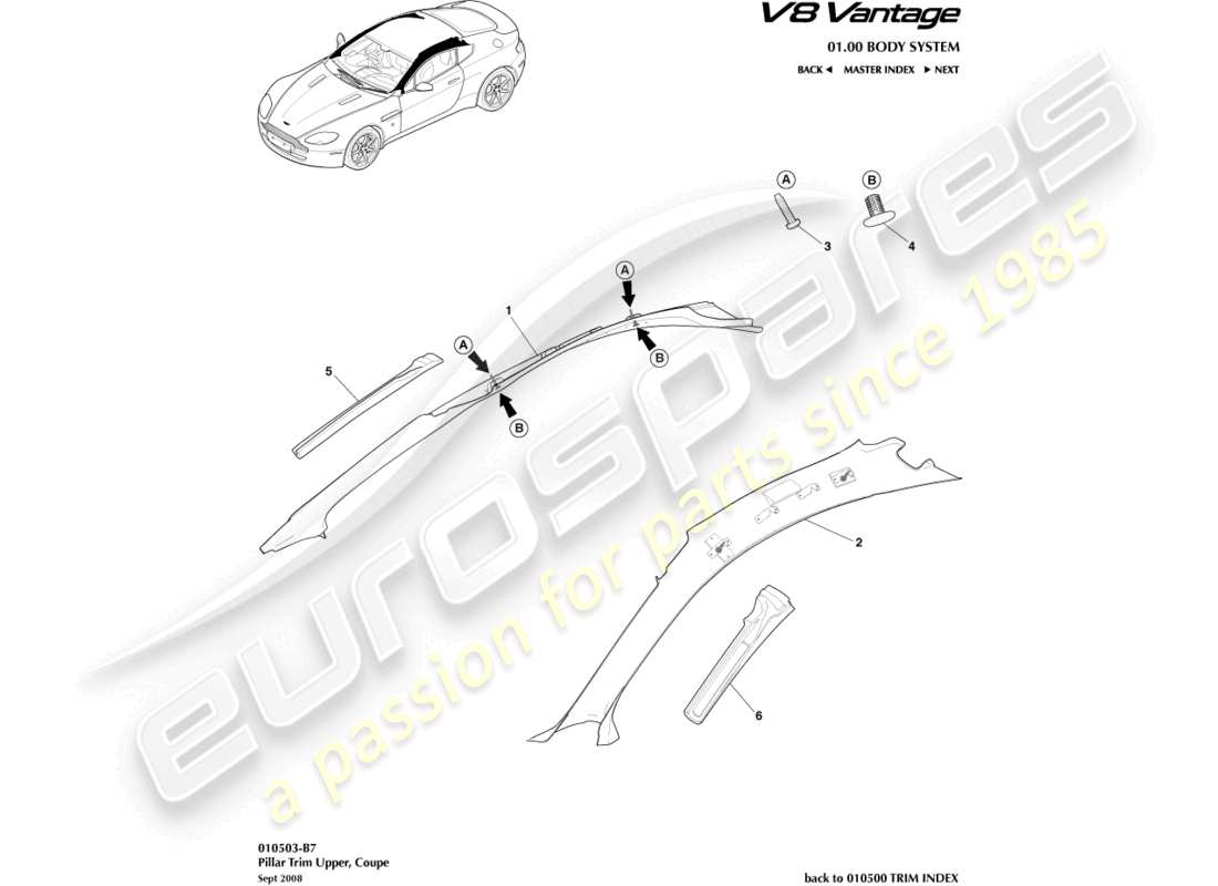 aston martin v8 vantage (2008) garniture de pilier, supérieure, schéma des pièces du coupé