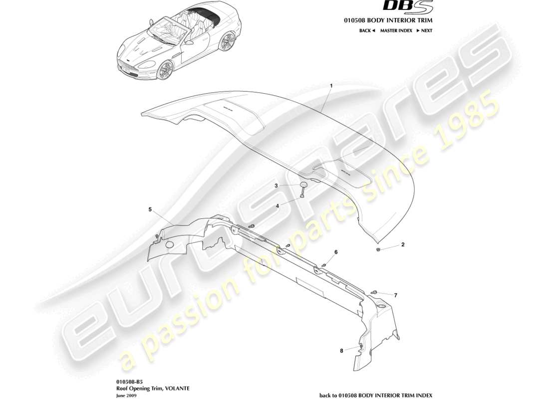 aston martin dbs (2010) diagramme de pièce de garniture d'ouverture de toit