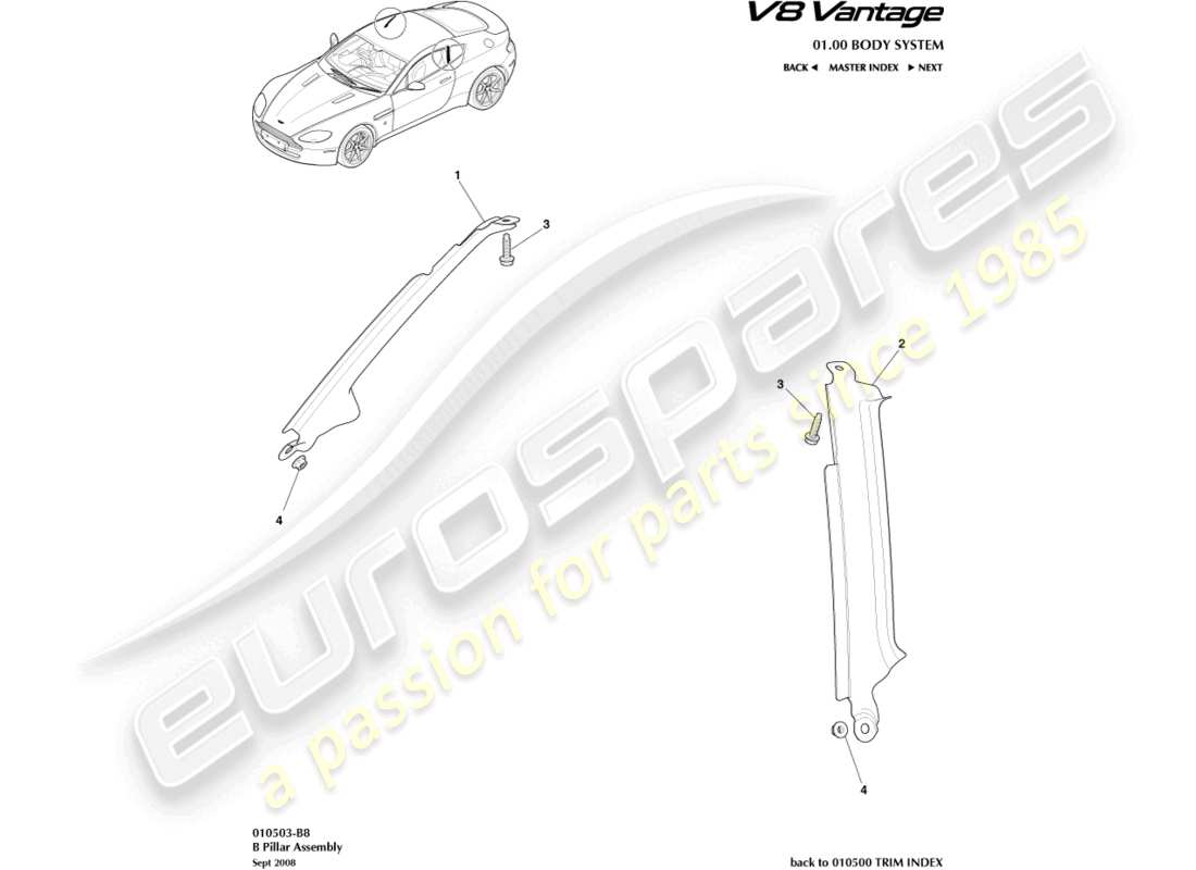 aston martin v8 vantage (2013) schéma des pièces d'assemblage du pilier b