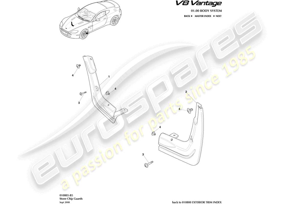 aston martin v8 vantage (2014) schéma des pièces des protections contre les éclats de pierre