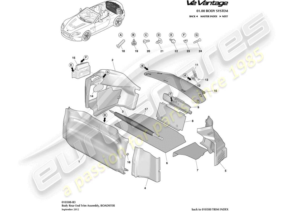 aston martin v12 vantage (2013) garniture du compartiment de chargement, diagramme de pièce du roadster