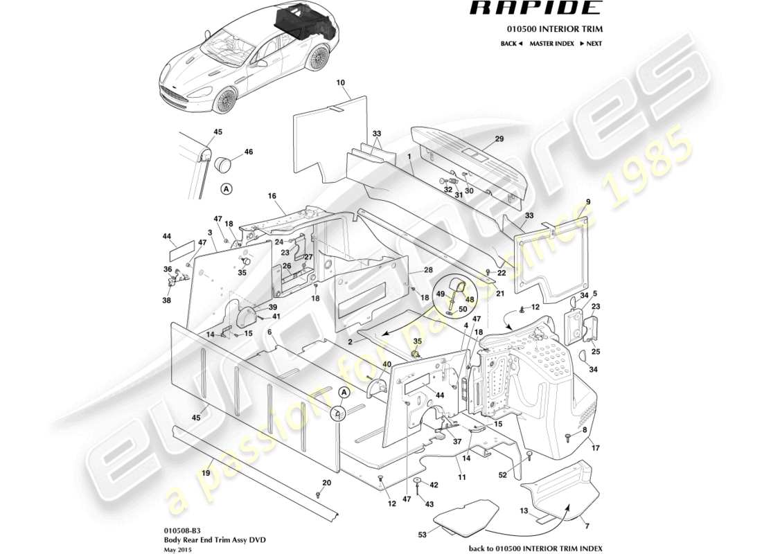 aston martin rapide (2014) diagramme des pièces de garniture du compartiment de charge