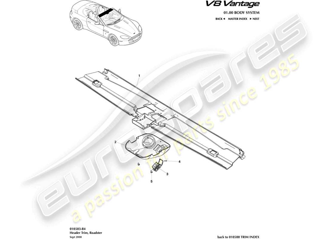 aston martin v8 vantage (2008) garniture de collecteur, diagramme de pièce du roadster
