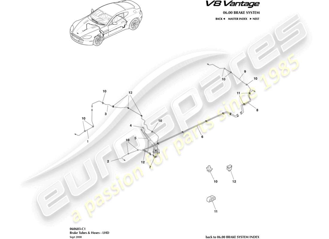 aston martin v8 vantage (2008) conduites et flexibles de frein, diagramme de pièces lhd