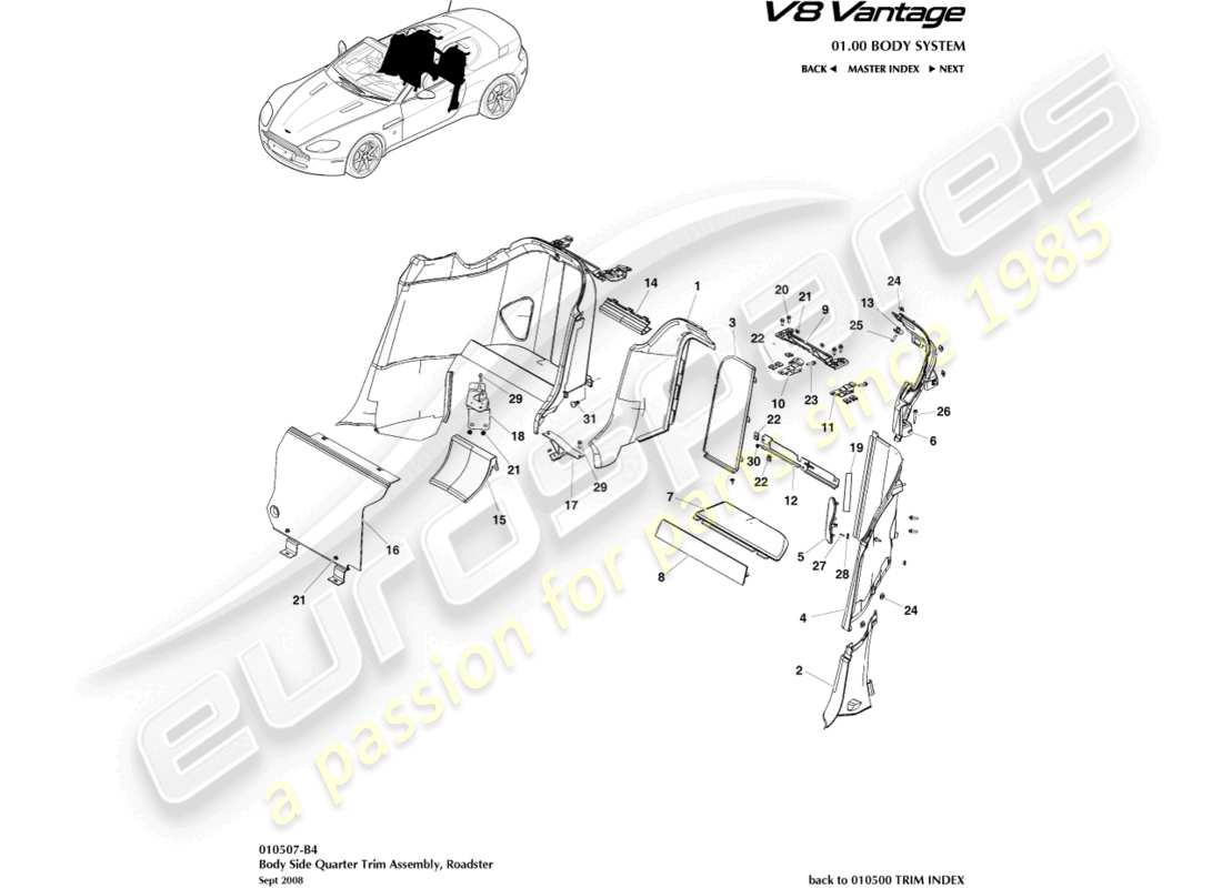 aston martin v8 vantage (2014) garniture de custode latérale de carrosserie, diagramme de pièce de roadster