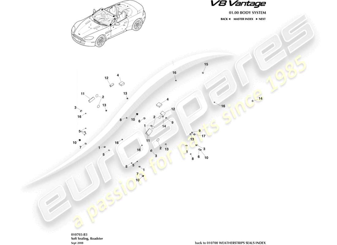 aston martin v8 vantage (2014) joint souple, diagramme de pièce du roadster