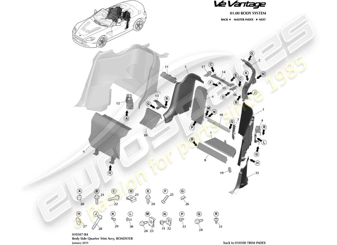 aston martin v12 vantage (2013) garniture de custode latérale de carrosserie, diagramme de pièce de roadster