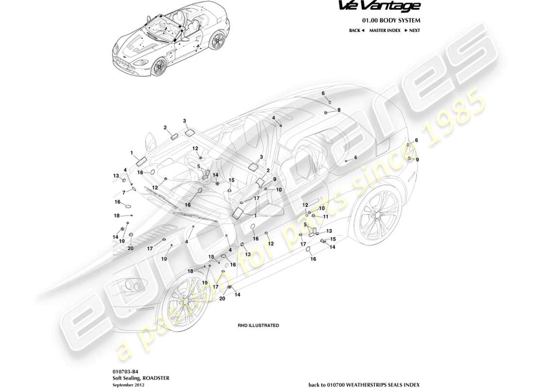aston martin v12 vantage (2010) joint souple, diagramme de pièce du roadster