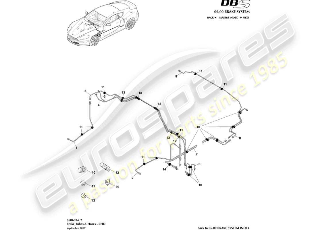 aston martin dbs (2010) conduites et flexibles de frein, diagramme de pièces rhd