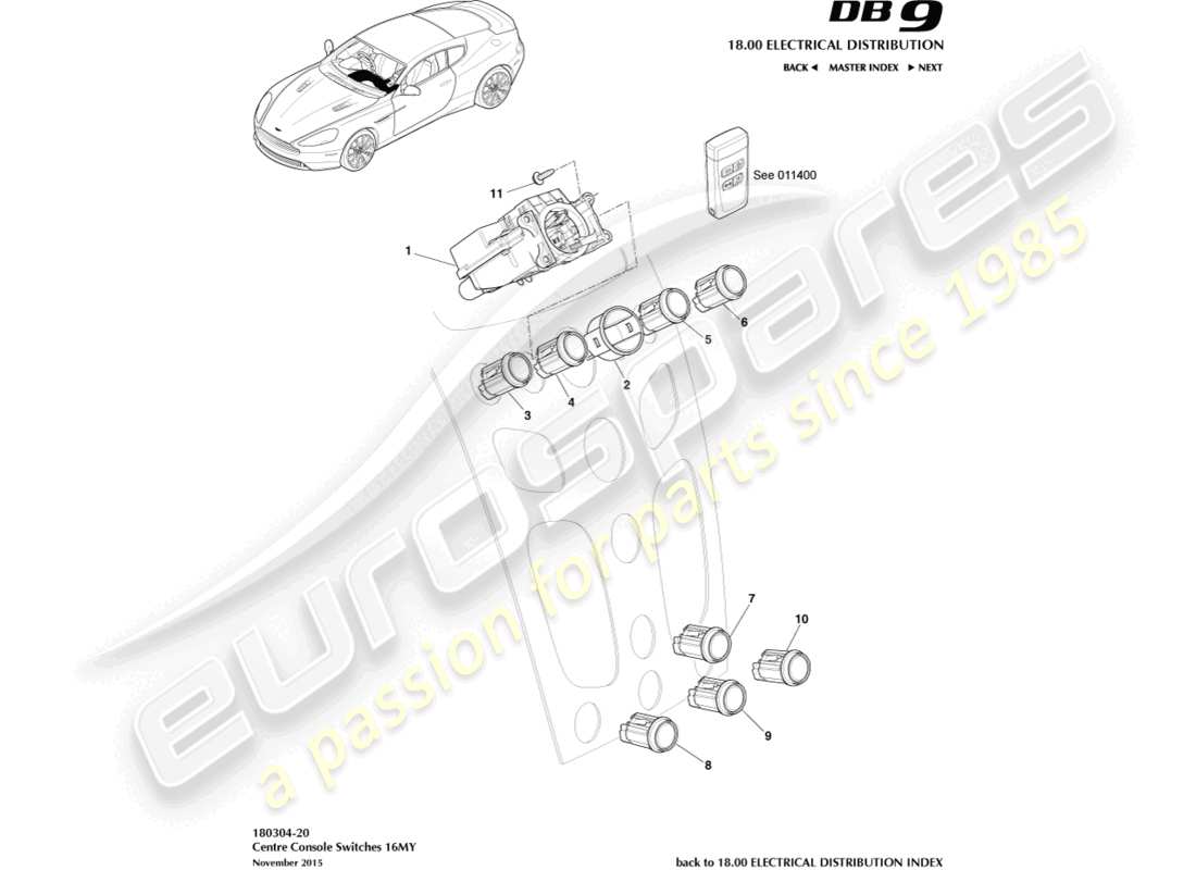 aston martin db9 (2017) commutateurs de console centrale, 16my sur le diagramme de pièce