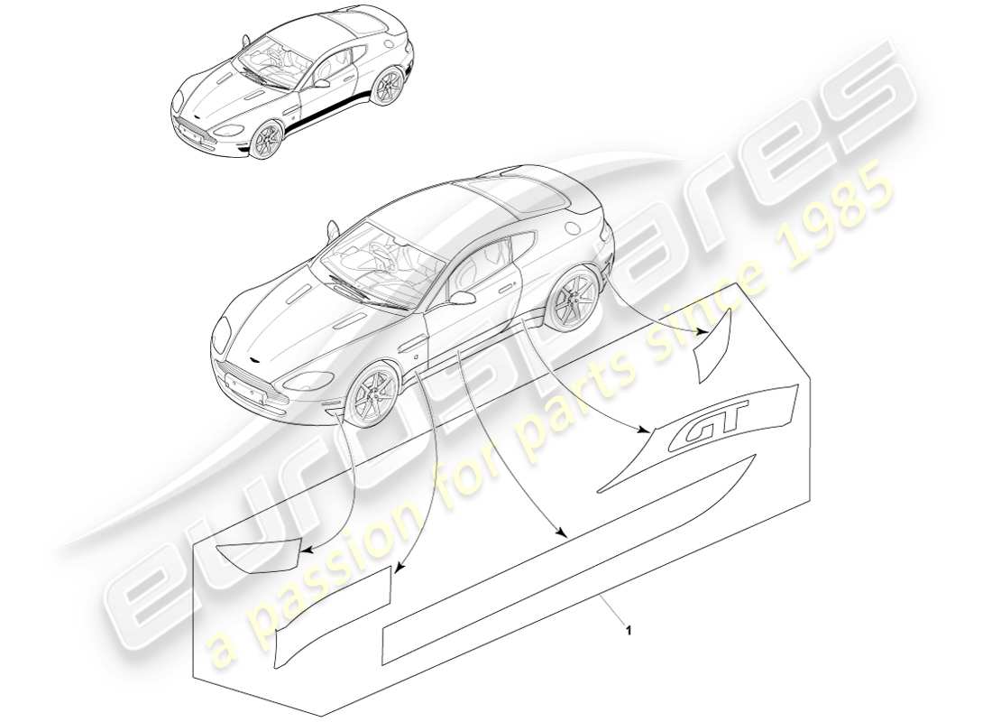aston martin v8 vantage (2007) garniture latérale en vinyle, diagramme de pièce gt