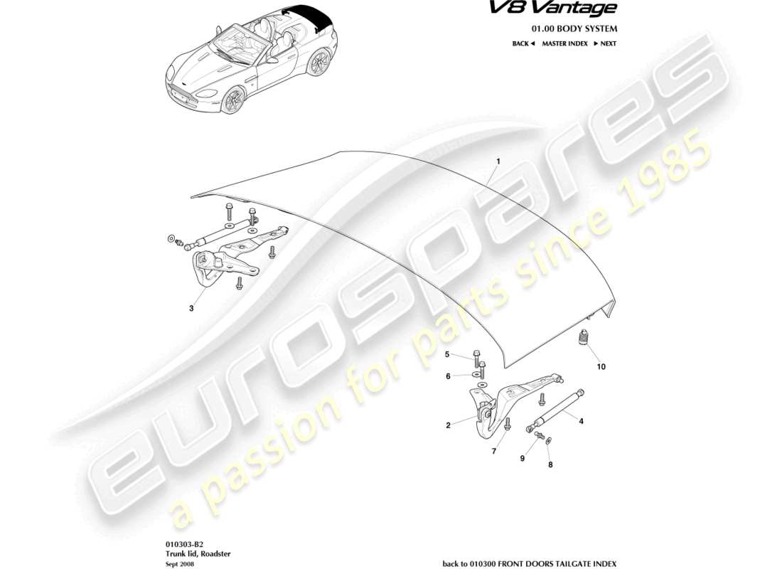 aston martin v8 vantage (2008) couvercle de pont, diagramme de pièce du roadster