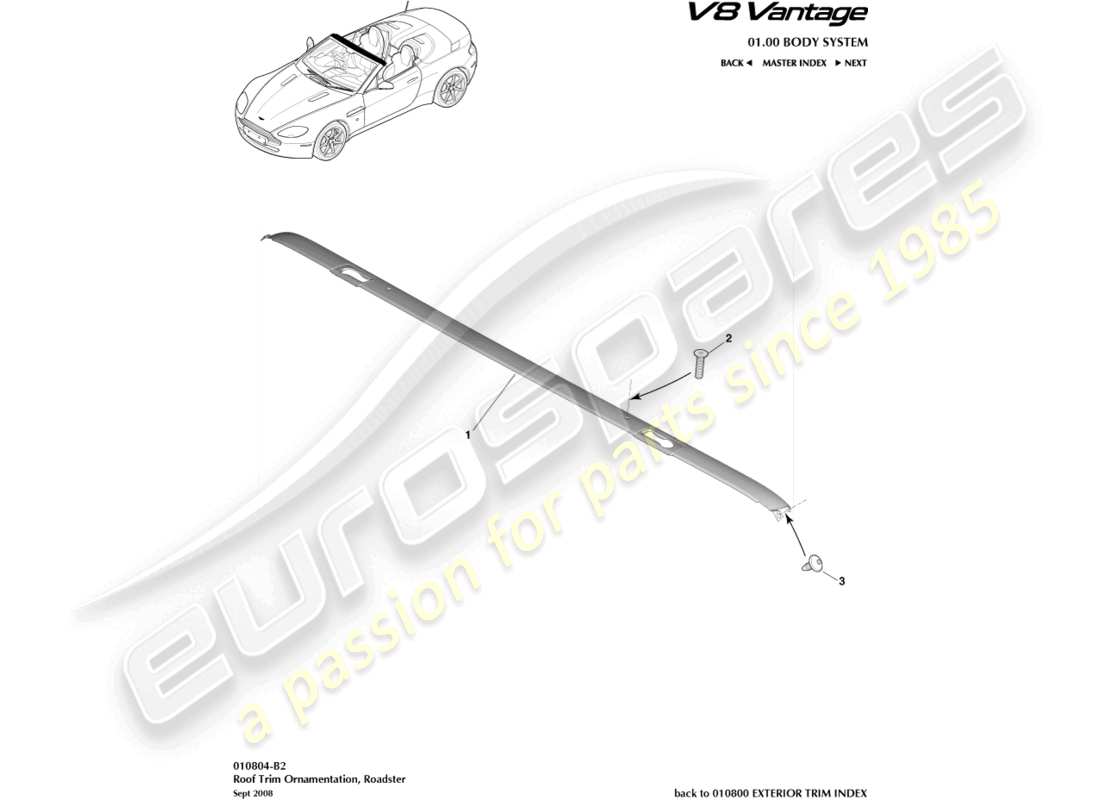 aston martin v8 vantage (2008) garniture de toit, diagramme de pièce du roadster