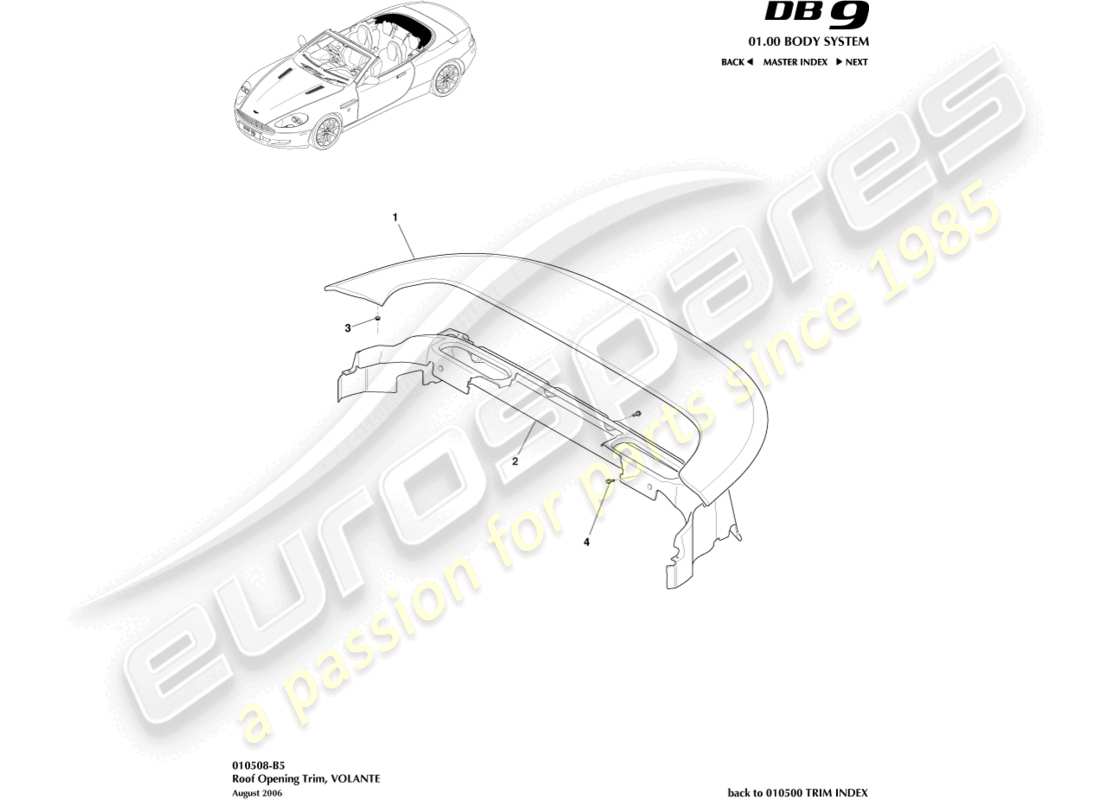 aston martin db9 (2006) garniture d'ouverture de toit schéma des pièces