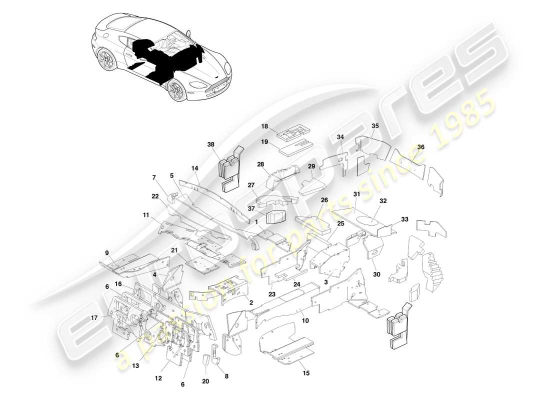 aston martin v8 vantage (2005) isolation de la carrosserie, diagramme de pièces lhd