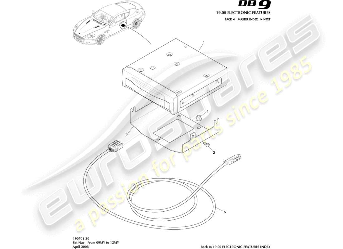 aston martin db9 (2008) navigation par satellite, diagramme de pièces 09my à 12my