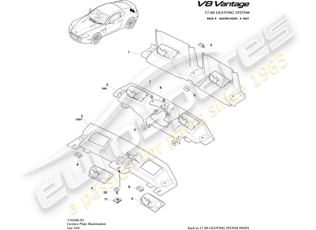 aston martin v8 vantage (2010) schéma des pièces des lampes de plaque d'immatriculation