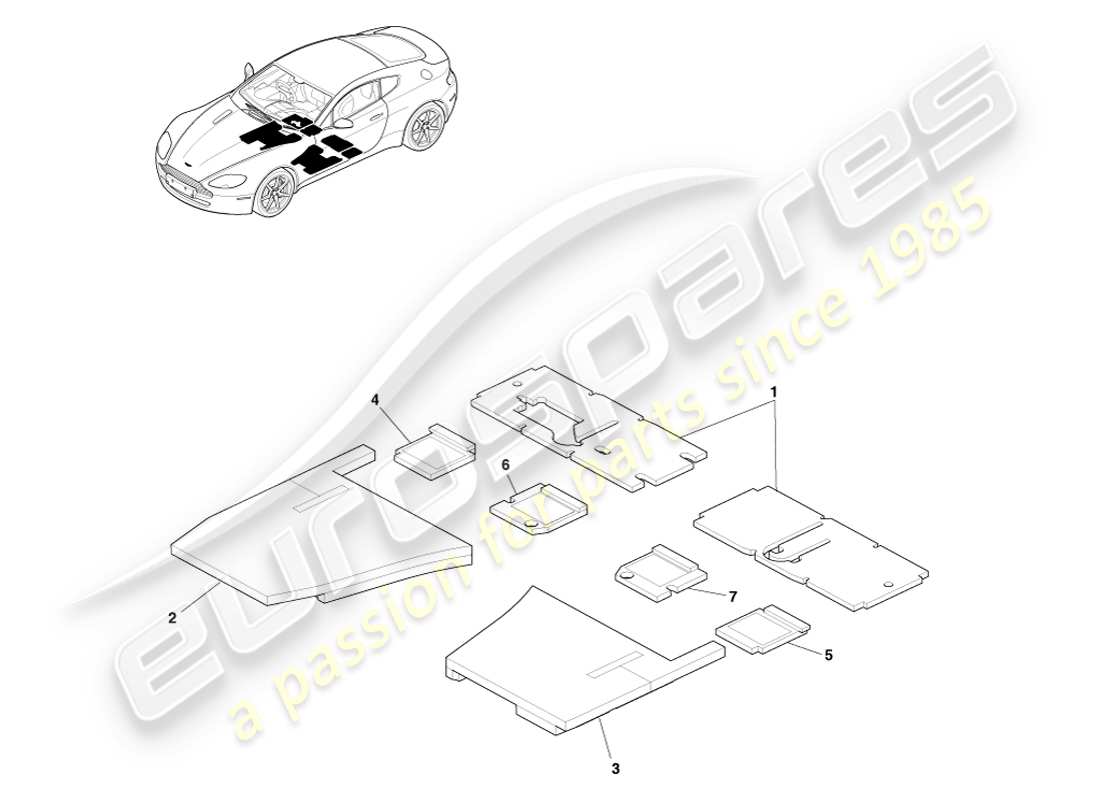 aston martin v8 vantage (2005) isolation phonique du sol, diagramme de pièces rhd