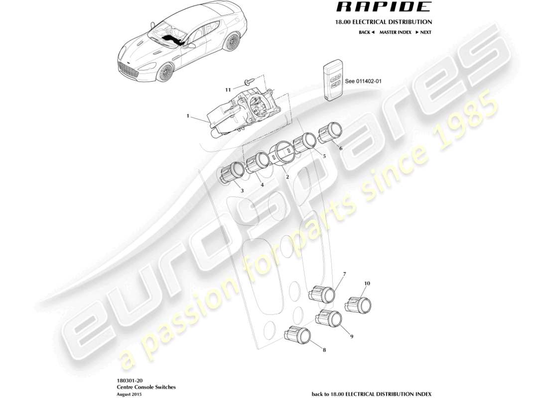 aston martin rapide (2012) schéma des pièces des commutateurs de la console centrale